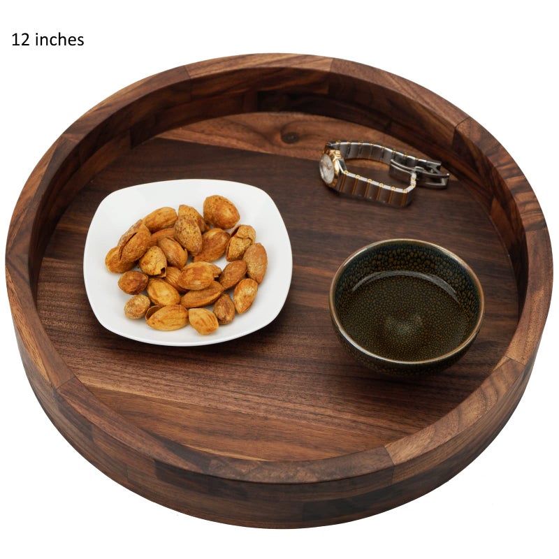 MAGIGO Set of 2 Large Round Black Walnut Wood Ottoman Tray with Handles, Serve Tea, Coffee, Classic Wooden Circular Decorative Serving Tray, 14 &12 inches - Image 5